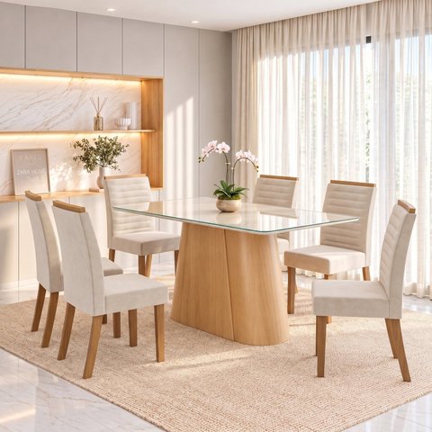 Conjunto Sala de Jantar Mesa Olivia 160cm Tampo MDF e Vidro Canto Arredondado 6 Cadeiras Tainá