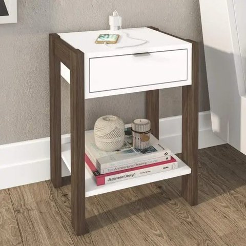 Mesa de Cabeceira 41cm com Tomada para Celular Az1016 Tecno Mobili - Nogal/branco