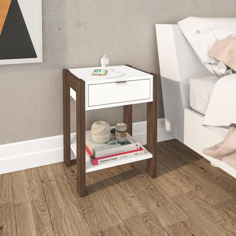 Mesa de Cabeceira 41cm com Tomada para Celular AZ1016 Nogal/Branco - Tecno Mobili