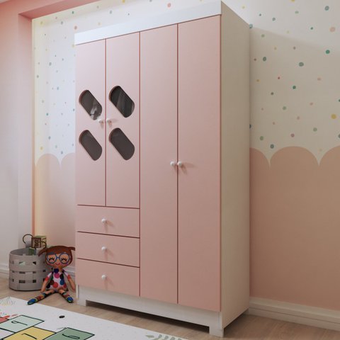 Guarda-roupa Bebê Escotilha 4 Portas 3 Gavetas Branco/rosa - Panorama Móveis