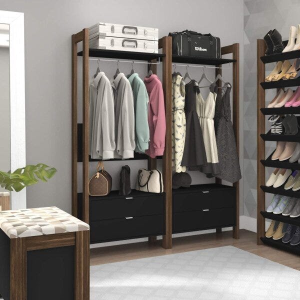 Closet Modulado Aberto com 2 Gavetas Prateleiras e Cabide Az1011 Tecno Mobili- Nogal/preto - 3