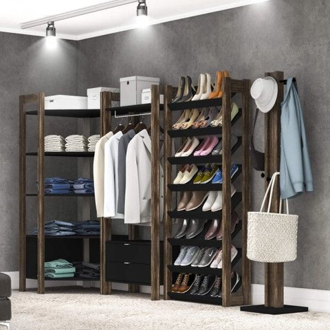 Closet Modulado Aberto com 2 Gavetas Prateleiras e Cabide Az1011 Tecno Mobili- Nogal/preto