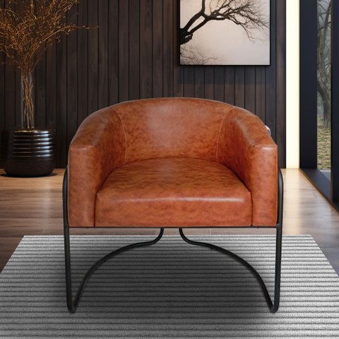 Poltrona Sofia Luxo Moderna com Base Aço Preto para Sala Corino Terracota Bz Home Decor