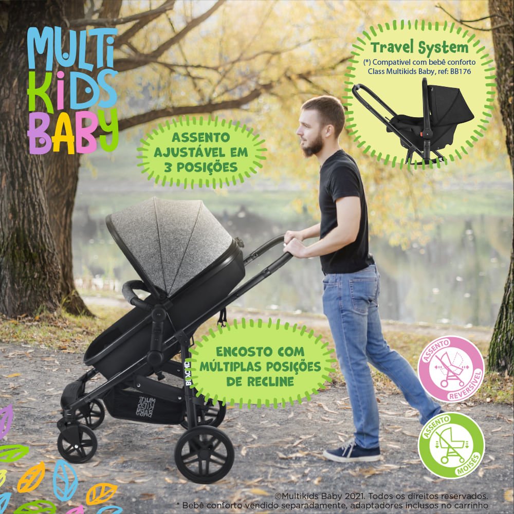 Carrinho de Bebê Passeio Beyond 2 em 1 Assento Moisés 0-15kg Preto Multikids Baby - Bb428out [reemba - 19