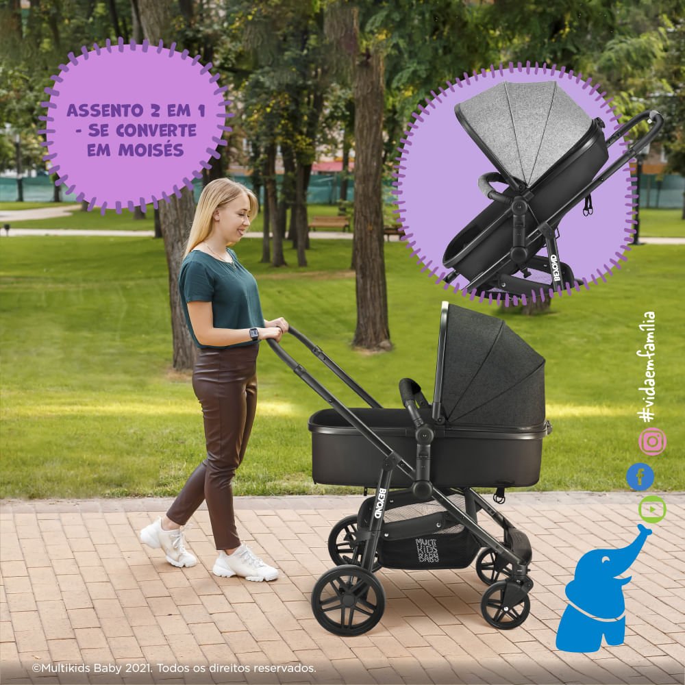 Carrinho de Bebê Passeio Beyond 2 em 1 Assento Moisés 0-15kg Preto Multikids Baby - Bb428out [reemba - 18