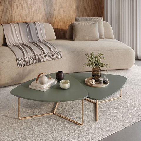 Kit 2 Mesas de Centro para Sala Design Orgânico Capri Metal Dourada - Verde Sálvia/Verde Sálvia