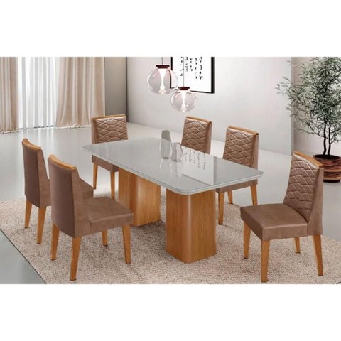Conjunto: Mesa Sala Jantar Maldivas Tampo c/ Vidro Curvo 180cm+6 Cadeiras Maldivas Madeira Naturale/
