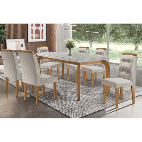 Sala de Jantar Completa Londrina Tampo Madeirado C/ Vidro 180cm + 6 Cadeiras Imperatriz Imbuia/bege