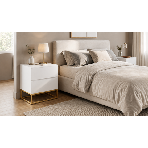 Mesa Cabeceira 2 Gavetas Cor Branco para Cama Casal com Pés de Ferro Estilo Industrial Dourado