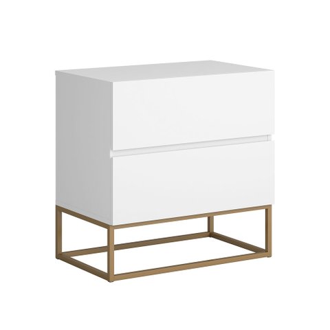 Mesa Cabeceira 2 Gavetas cor Branco para Cama Casal com Pés de Ferro Estilo Industrial Dourado