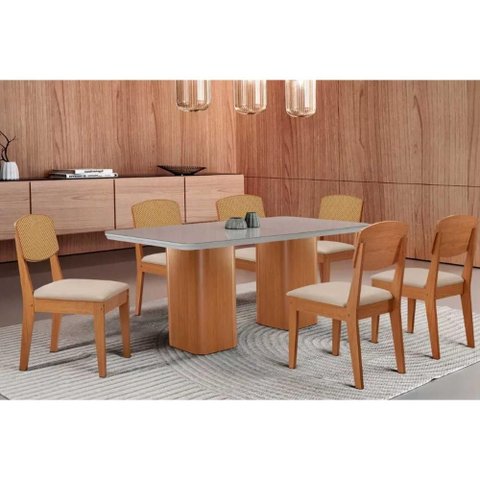 Conjunto Sala de Jantar Maldivas C/ Tampo Madeirado C/ Vidro Canto Curvo 180x90cm e 6 Cadeiras