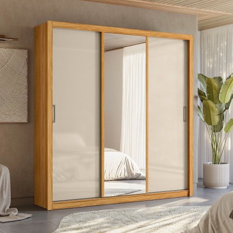 Guarda Roupa Roupeiro 3 Portas de Correr Residence Cinamon Touch Off White Demóbile