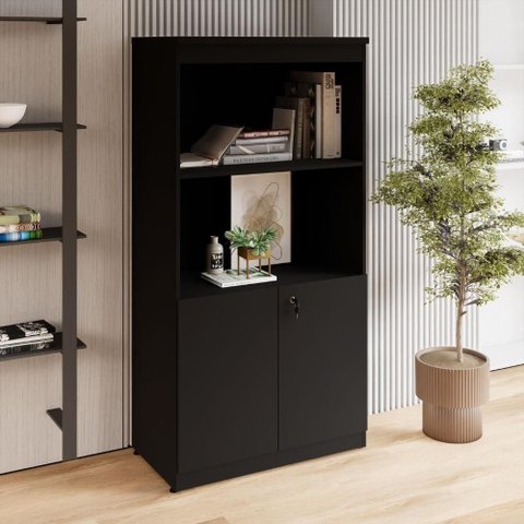 Estante Armário para Escritório 2 Portas com Chave 2 Nichos MDP 80cm Preto F5 Office