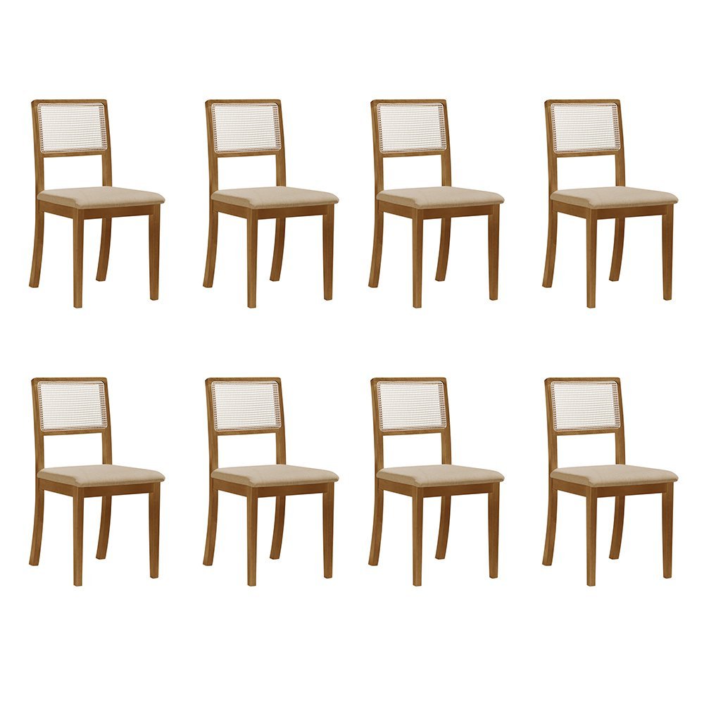 Kit 8 Cadeiras de Jantar Palha Estofada Linho Bege Encosto em Tela Sextavada Rubi Madeira Maciça Mel - 1