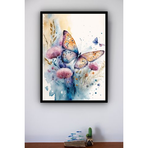 Quadro Decorativo Borboleta Flores Aquarela - 70x50cm:moldura Preta