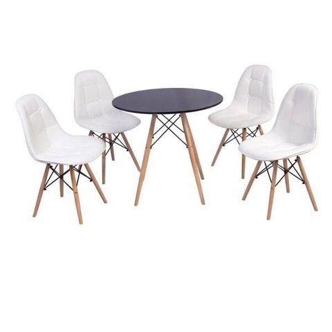 Conjunto Mesa Eiffel Preta 80cm + 4 Cadeiras Dkr Charles Eames Wood Estofada Botonê Branca