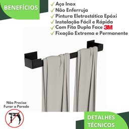 Porta Toalha de Banho Adesivo Autocolante Parede Preto Elg - 2