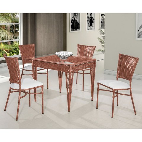 Jogo de Jantar Mesa Quadrada 1,00x1,00 e 4 Cadeiras em Aço e Junco Capuccino Terena Courino Branco