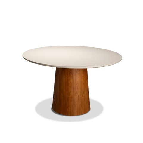 Mesa de Jantar Redonda 110cm 4 Lugares Base Amadeira Tampo com Vidro Off White - Mobília Prime