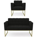 Ver imagem 1 de Sofá Namoradeira e 1 Poltrona Base Industrial Dourado Ana Suede Preto - Ibiza