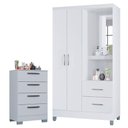 Ver imagem 1 de Cômoda 867 4 Gavetas com Guarda Roupa Solteiro Córdoba 2 Portas Branco Brilho - Poquema