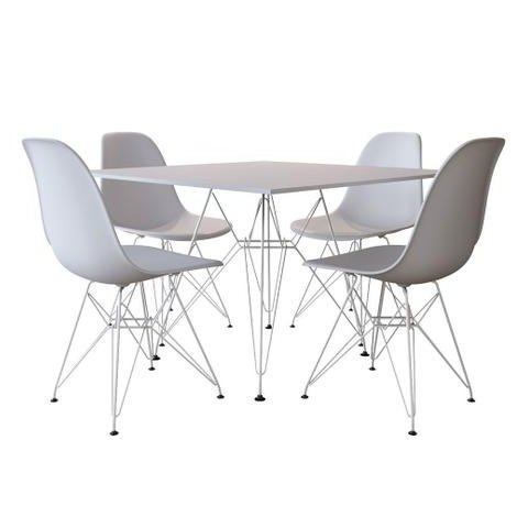 Jogo De Mesa Eames De Ferro Branco E Tampo Quadrado Branco 90cm 4 Cadeiras Brancas