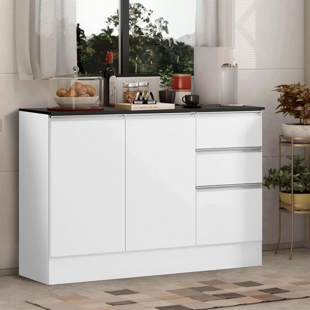 Gabinete De Cozinha 120 cm Com Tampo 3 Portas 2 Gavetas Branco Paris ...