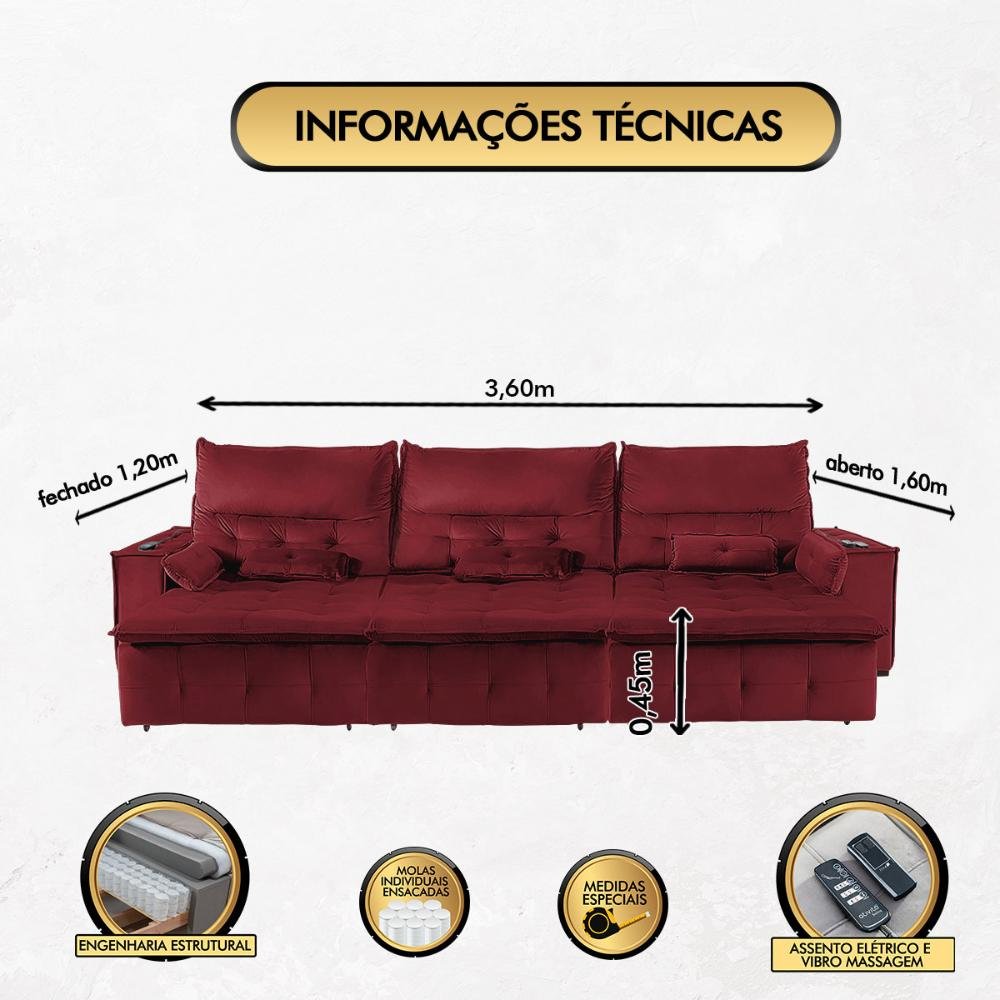 Sofá Fusion 3.60m Elétrico com Usb e Vibro Massagem - Vinho - 2