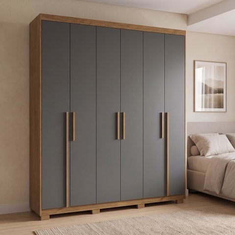 Guarda-Roupa Casal 6 Portas, 2 Gavetas e Pés MDF Cuiabá Cinza Cinamomo/Urban