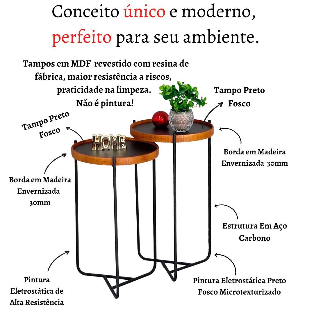 Mesa Lateral Sala Estar Apoio Canto Sofá Conjunto Rustico Pequena Redonda Recepção:Tampos Pretos Fer - 5