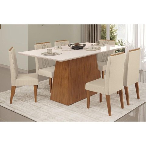 Conjunto: Mesa Sala Jantar Dulce C/ Tampo Madeirado C/ Vidro Reto 180x90cm e 6 Cadeiras Lia Freijo/