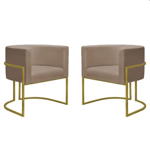 Kit 2 Poltronas Reforçada Decorativa Sala Nayara Base Ferro Dourado Suede Capuccino