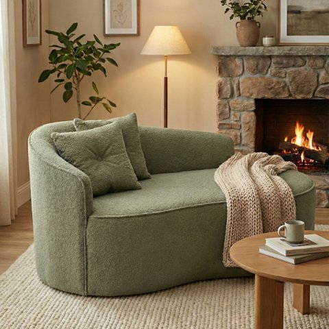 Sofá Orgânico Curvo Feijão Confortável Sala Estúdio Amore Bouclê Verde Oliva - Montanari'S Decor