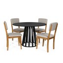 Ver imagem 1 de Mesa de Jantar Redonda Gabi Preta com 4 Cadeiras Estofadas Ella Cinza Claro