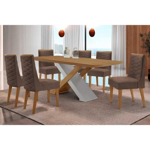 Sala de Jantar Completa Imperatriz C/ Tampo Madeirado Canto Curvo 180x90cm e 6 Cadeiras Dafne