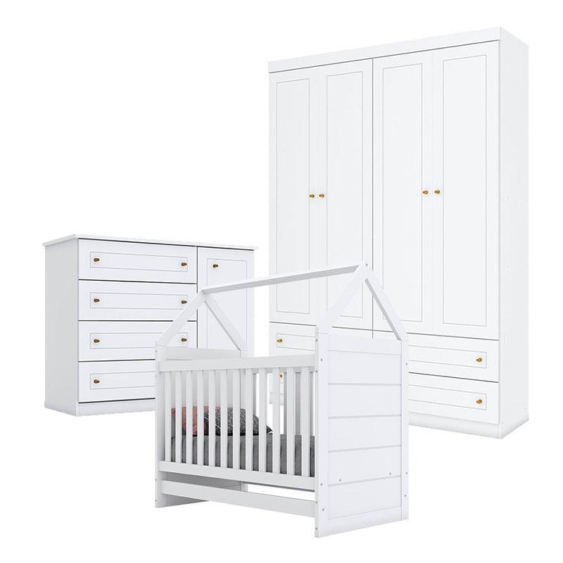 Quarto de Bebê Mississipi 4 Portas com Berço Montessoriano Americano Branco HP - Henn