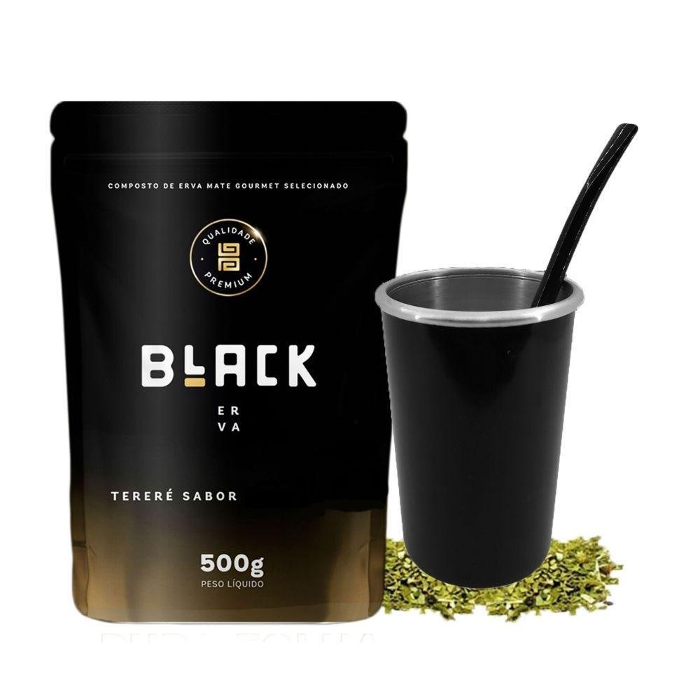 Kit Tereré Copo Cuia Bomba Preto + Erva Black 500g Sabores