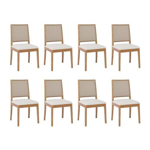 Kit 8 Cadeiras para Sala de Jantar Estofadas Buriti Bege/Madeira/Cru