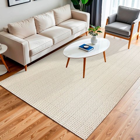 Tapete Sala Quarto Quadriculado Minimalista Base Antiderrapante 1,40m X 2,00m Rústico Bege