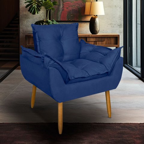 Poltrona Opala para Sala Clínica Salão Pés de Madeira Suede Azul Marinho