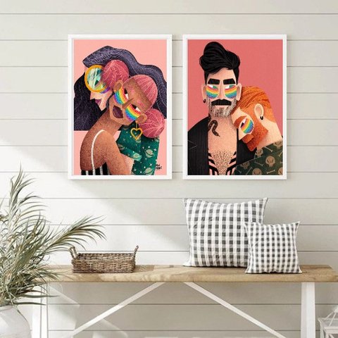 Kit 2 Quadros Decorativos Lgbt Gays Lésbicas 24x18cm - com Vidro:madeira Branca