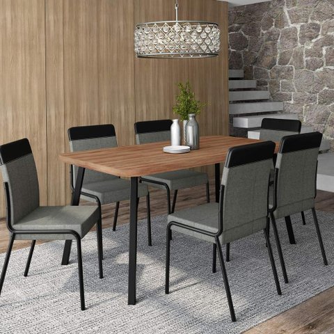 Mesa Jantar Retangular 160cm + 6 Cadeiras Duo Estofadas Np