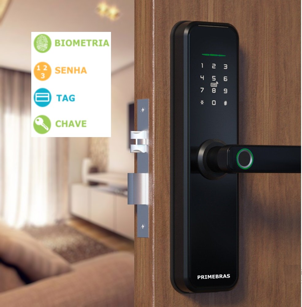 Fechadura Digital Biométrica Primebras Para Porta Madeira Com Biometria + Tag + Senha - 2