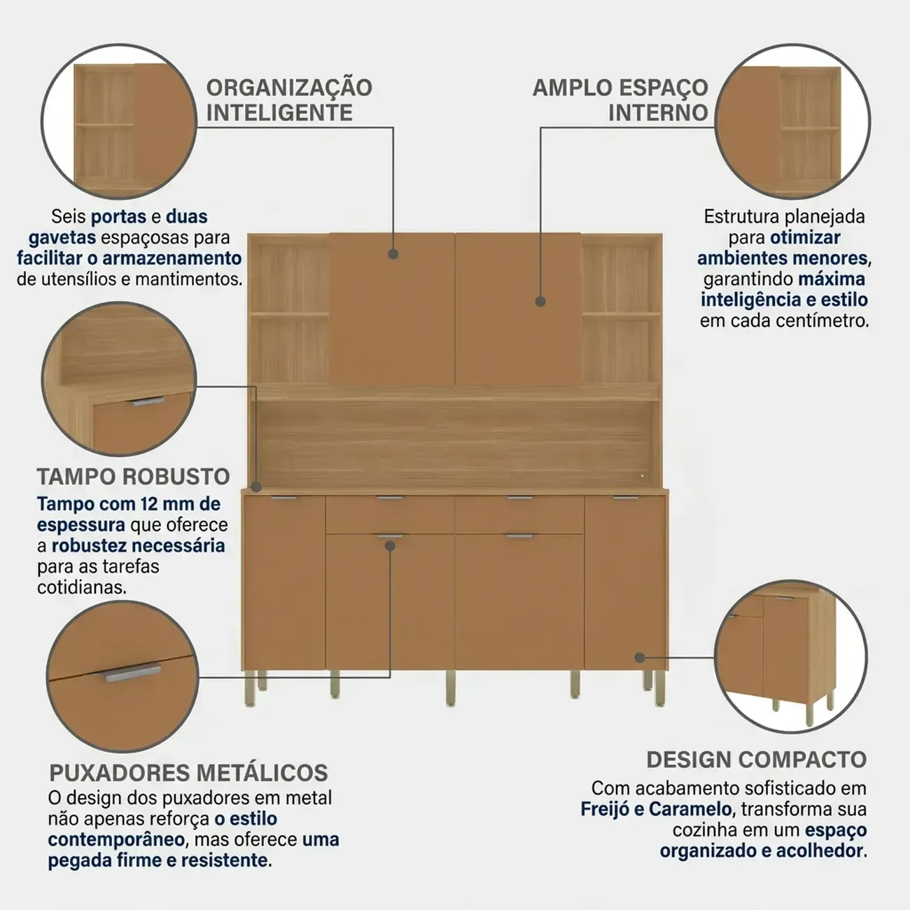 Ver imagem 6 de Cozinha Compacta 6 Portas 2 Gavetas 179,6 cm Botanika Marrom Freijó/Caramelo
