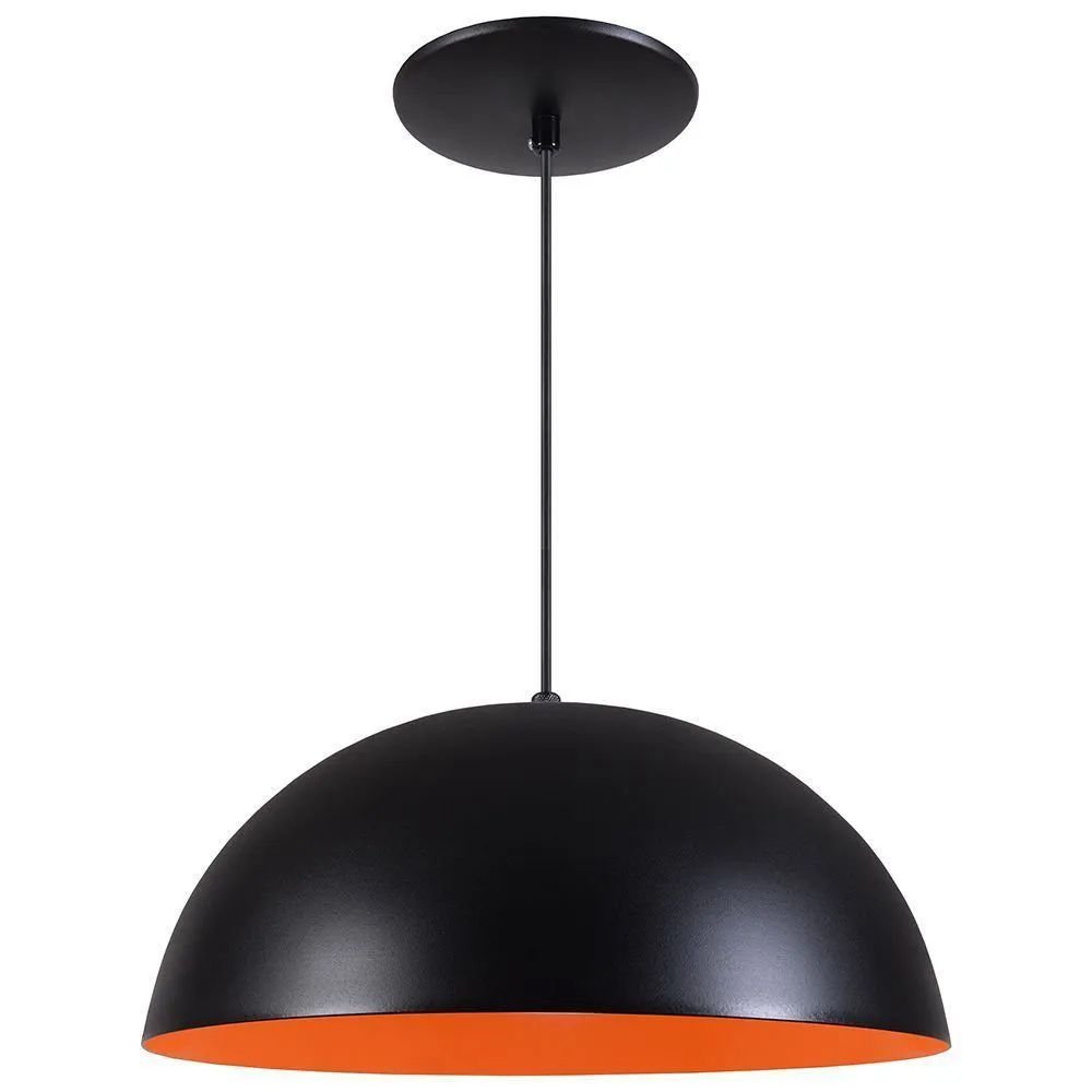 Pendente Meia Lua 40cm Luminária Alumínio Preto Textura C/ Laranja - T&T Iluminação