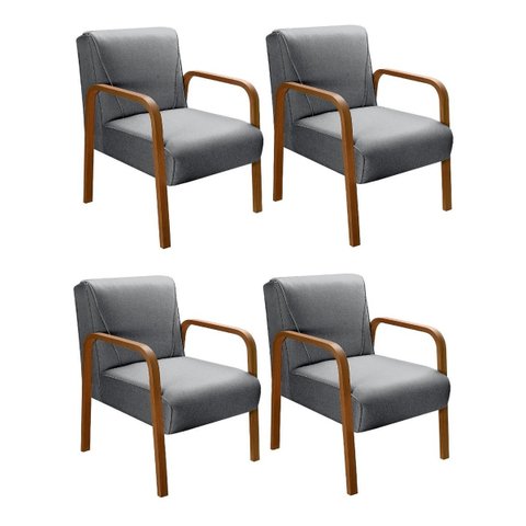 Kit 04 Poltronas Cadeiras Decorativas Anita para Sala Mesa de Jantar Quarto Recepção - Linho Cinza