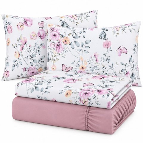 Jogo de Cama Lençol Queen Malha Soft 100% Algodão Fio Penteado Estampado Toque Macio 4 Peças Borbole