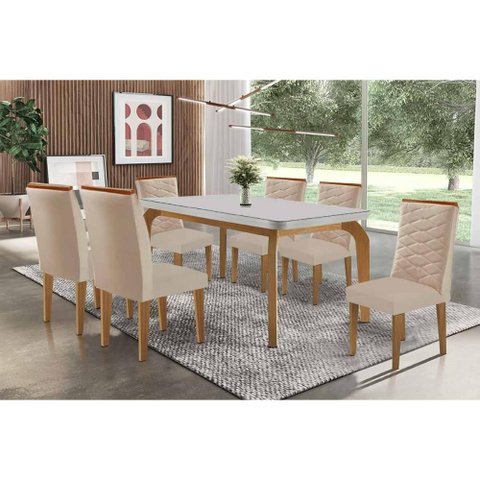 Sala de Jantar Completa Londrina C/ Tampo Madeirado C/ Vidro Canto Curvo 180x90cm e 6 Cadeiras