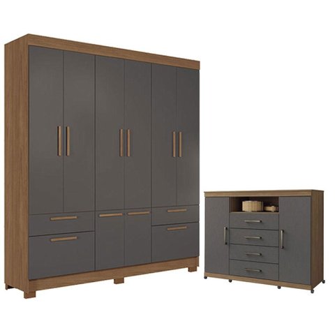 Guarda Roupa Casal 8 Portas Curitiba e Cômoda Havana Master com Rodizio Jatobá Grafite Acetinado - S
