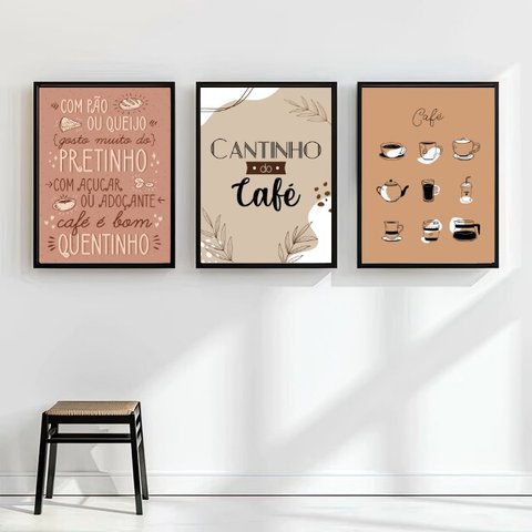 Kit 3 Quadros Café de Toda Forma 33x24cm - com Vidro:moldura Preta